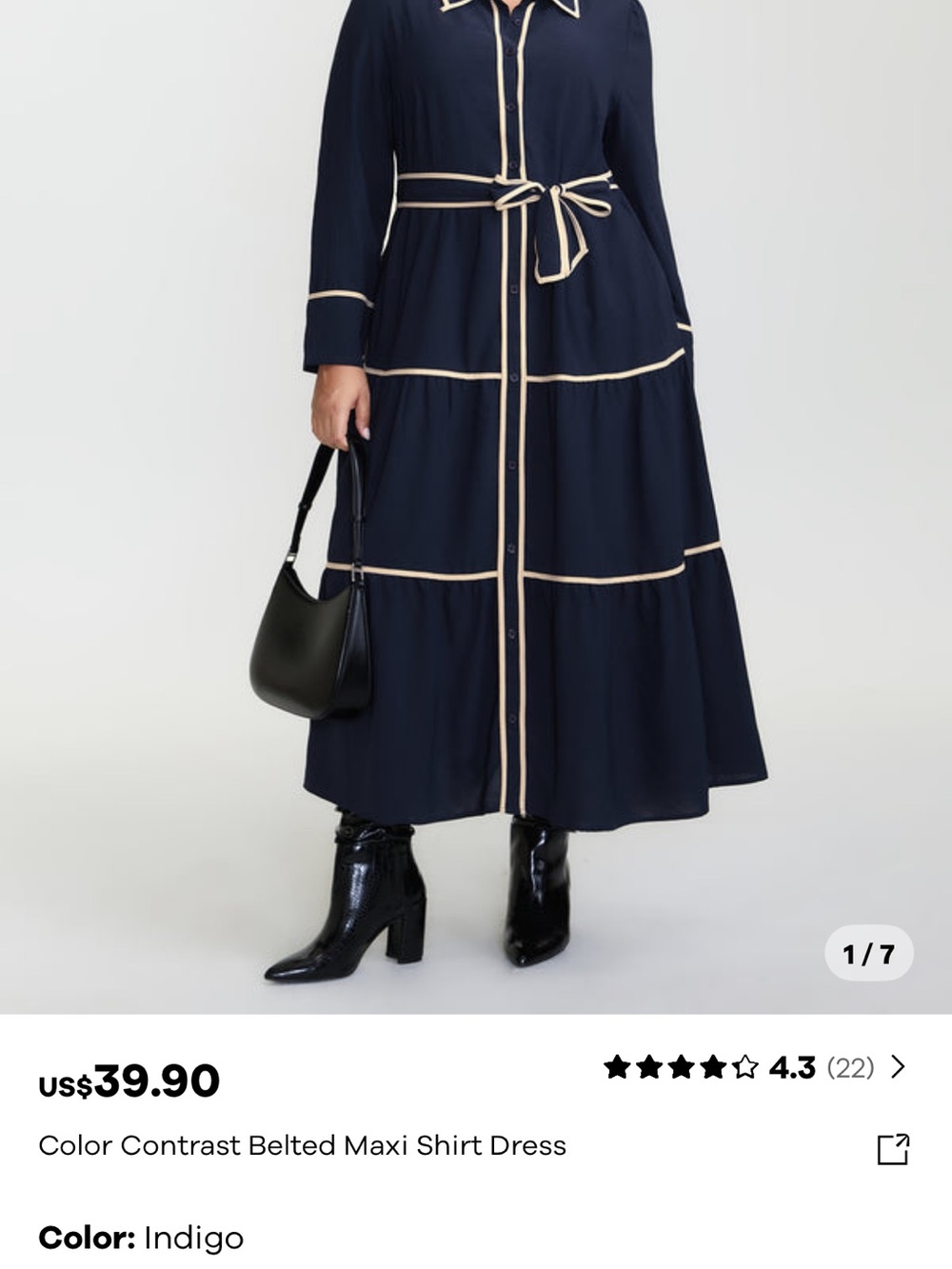 BloomChic Indigo Maxi Shirt Dress with Cream Contrast Piping